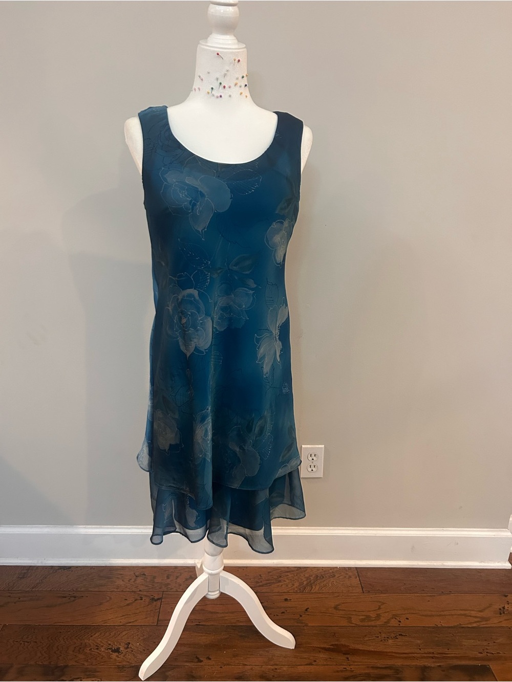 VINTAGE R&M Richard’s Teal Floral Sleeveless Chiffon Dress